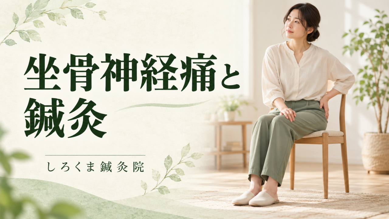 坐骨神経痛と鍼灸について解説するしろくま鍼灸院の記事アイキャッチ。椅子に座り、腰からお尻の横に手を添える女性のイメージ。